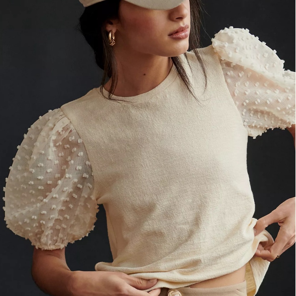 ANTHROPOLOGIE Cream Textured Puff Sleeve Blouse